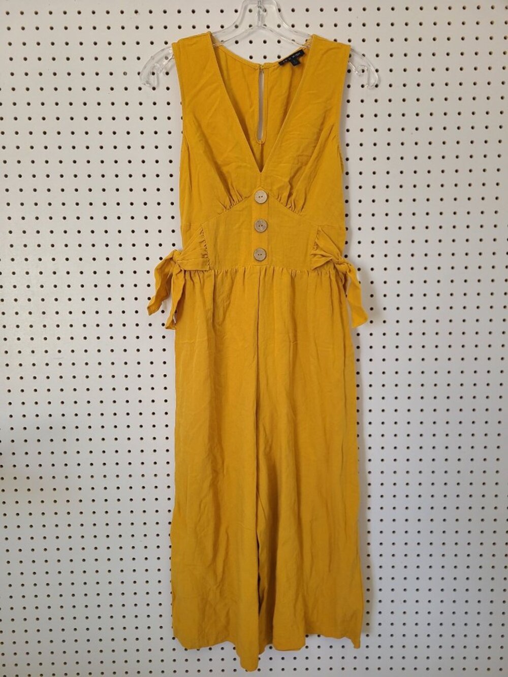 As U Wish Mustard Yellow Sleeveless Jumpsuit With Button Front & Waist Tie Detai